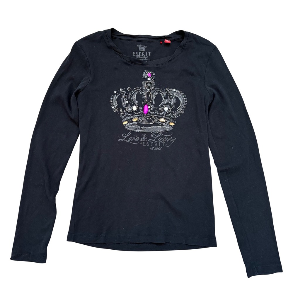 Esprit Heritage‎ Crown Rhinestone Graphic Long Sleeve Tee Black Y2K Bling Top S